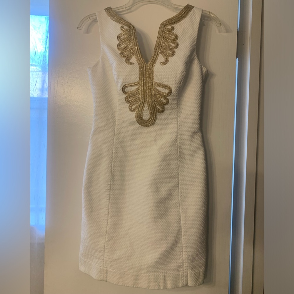 Lilly Pulitzer White Sleeveless Mini Dress with Gold Embroidered V-Neck
